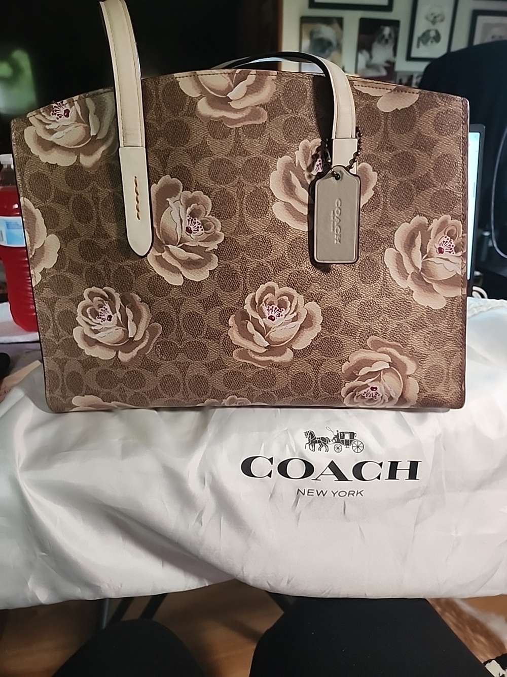 Coach Brown Floral Signature Tote with Cream Handles